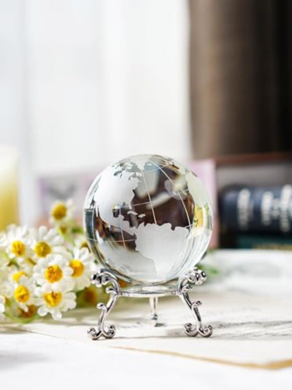 60mm World Globe Crystal Earth Ball Paperweight with Stand Glass Sphere Display